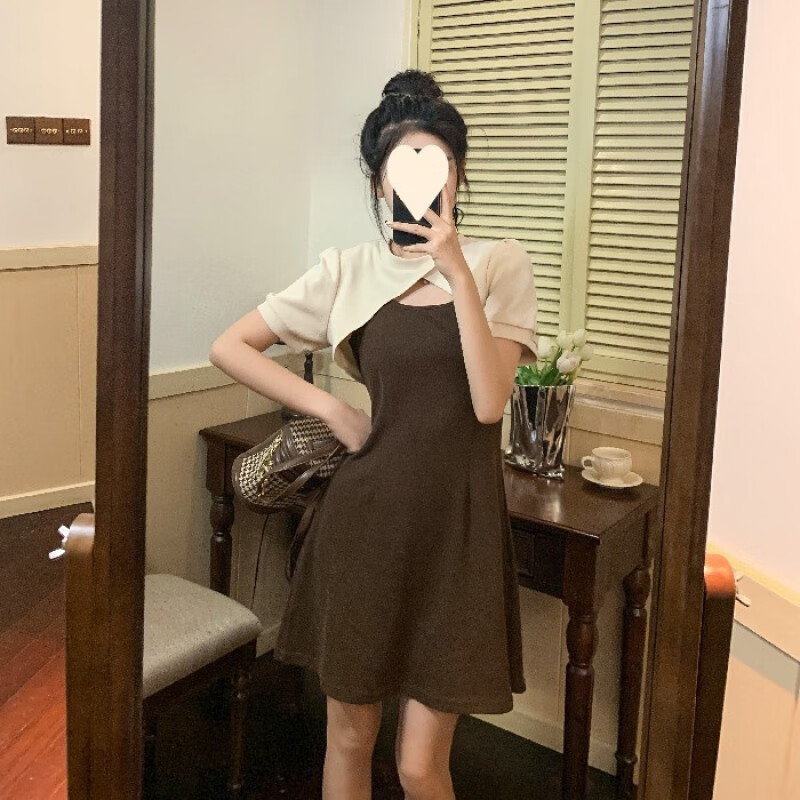 ZIPJBX吊带连衣裙女2025夏季显瘦短款外搭两件套设计感 CS456咖啡色 S