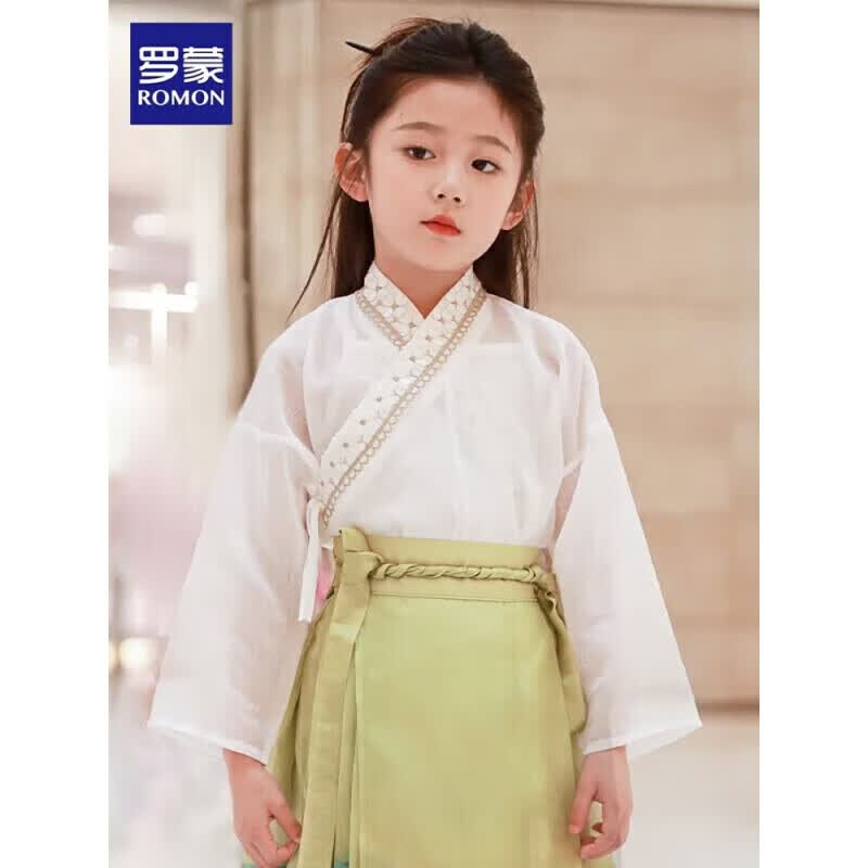罗蒙毕业儿童节女童马面裙汉服夏儿童古风2026新款国风半身裙演出服 白色-交领长袖【单上衣】 100 京东折扣/优惠券