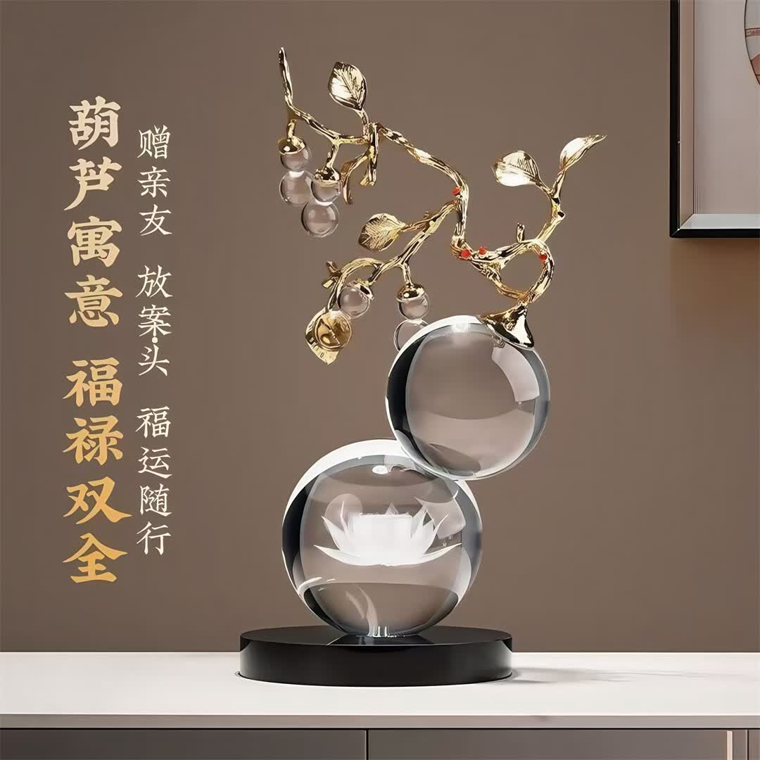 赟娅桌面招财水晶葫芦摆件轻奢高档客厅酒柜办公室装饰品搬家乔迁礼物 莲花水晶葫芦-五福临门