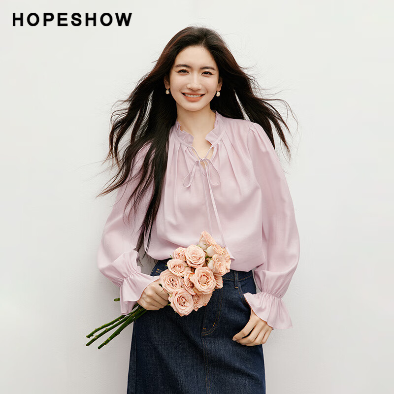 紅袖（hopeshow）粉色甜美雪紡襯衫2025秋季新款女裝木耳邊花卉系帶喇叭袖上衣 柔粉色174 S _155_80A_80-105斤