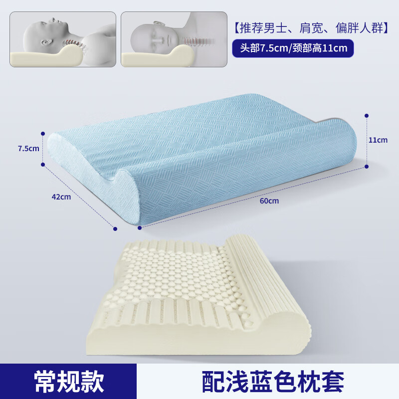 雪天鹅(XUETIANE)泰国天然乳胶颈椎枕头护颈反弓颈椎圆柱牵引橡胶支撑按摩双用枕芯 男士60*42*11/7.5CM【配冰丝蓝枕套】 单只 京东折扣/优惠券