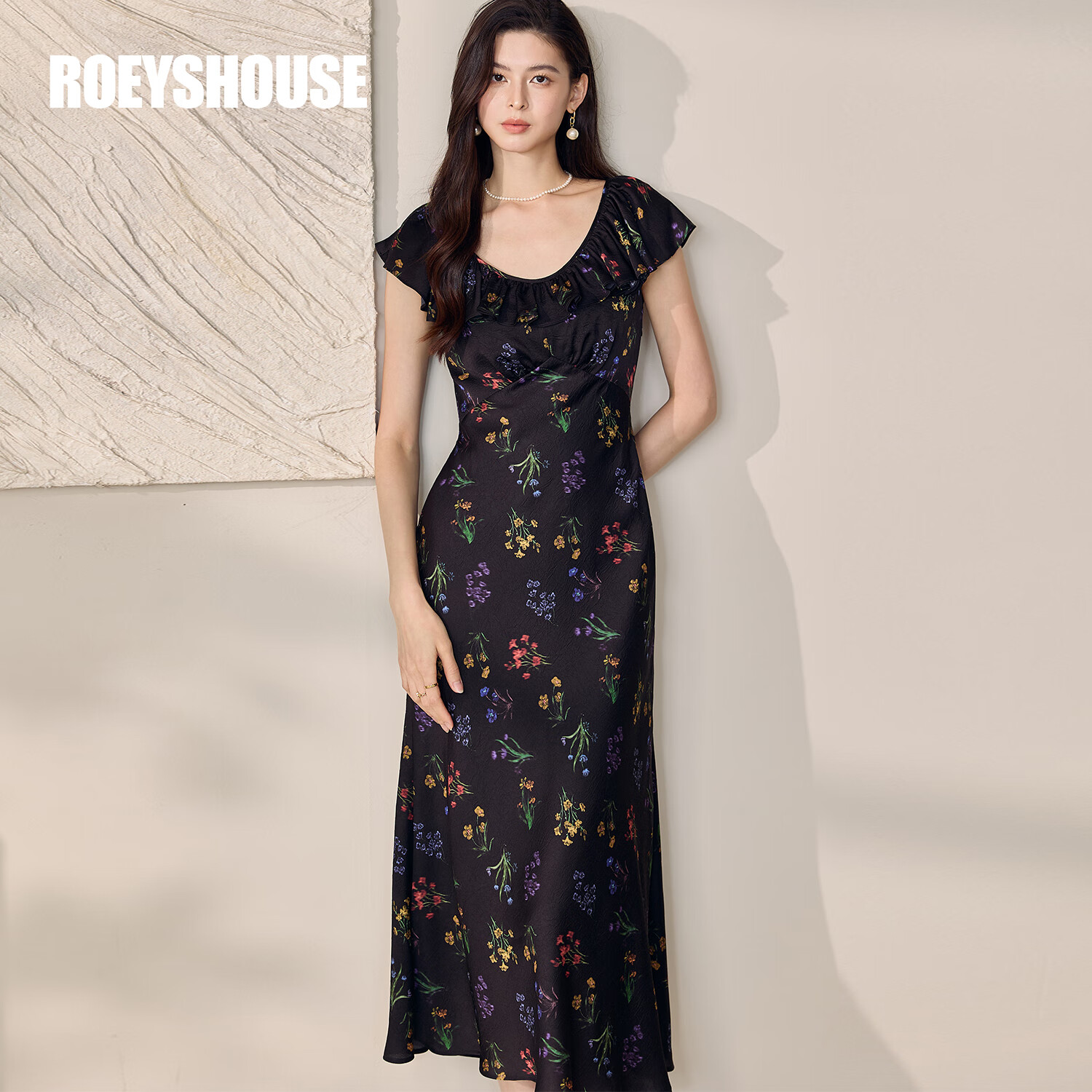 ROEYSHOUSE罗衣气质缎面鱼尾连衣裙女2025夏季新款印花修身大摆中长裙12192 花色 M