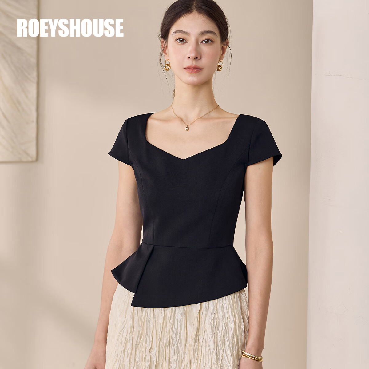 ROEYSHOUSE罗衣时尚黑色方领衬衫2025夏季新款小众设计感衬衣收腰上衣12175 黑色 2XL