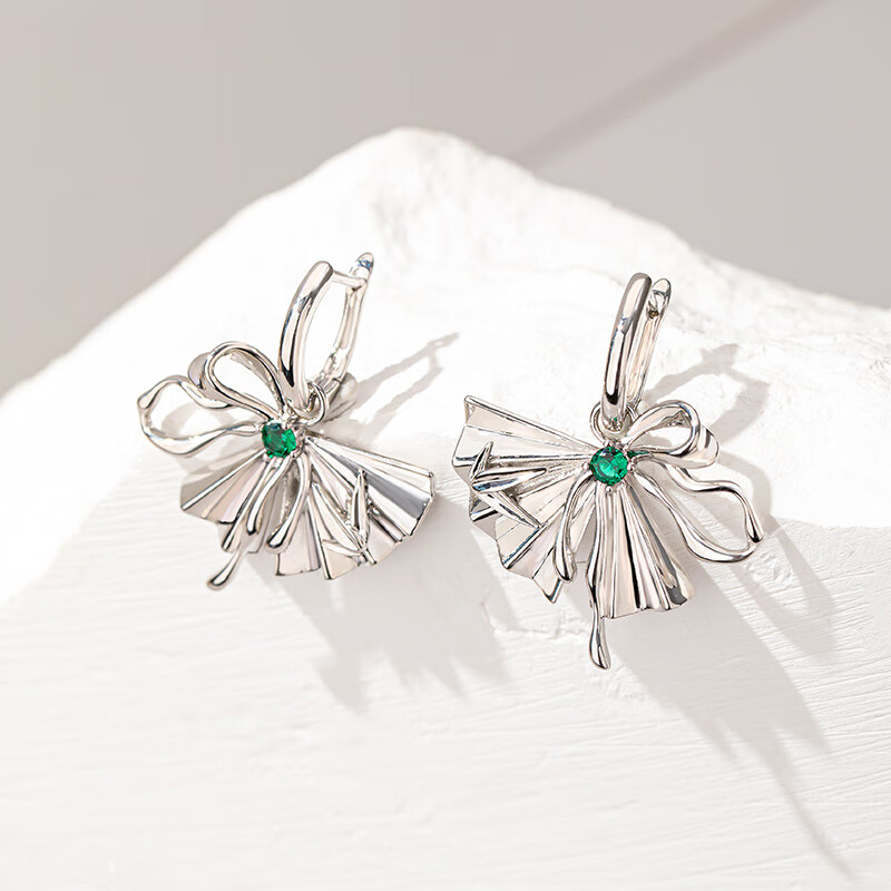 Qlady扇子竹節(jié)蝴蝶結(jié)銀耳釘年新款新中式氣質(zhì)耳環(huán)耳飾女 白金色