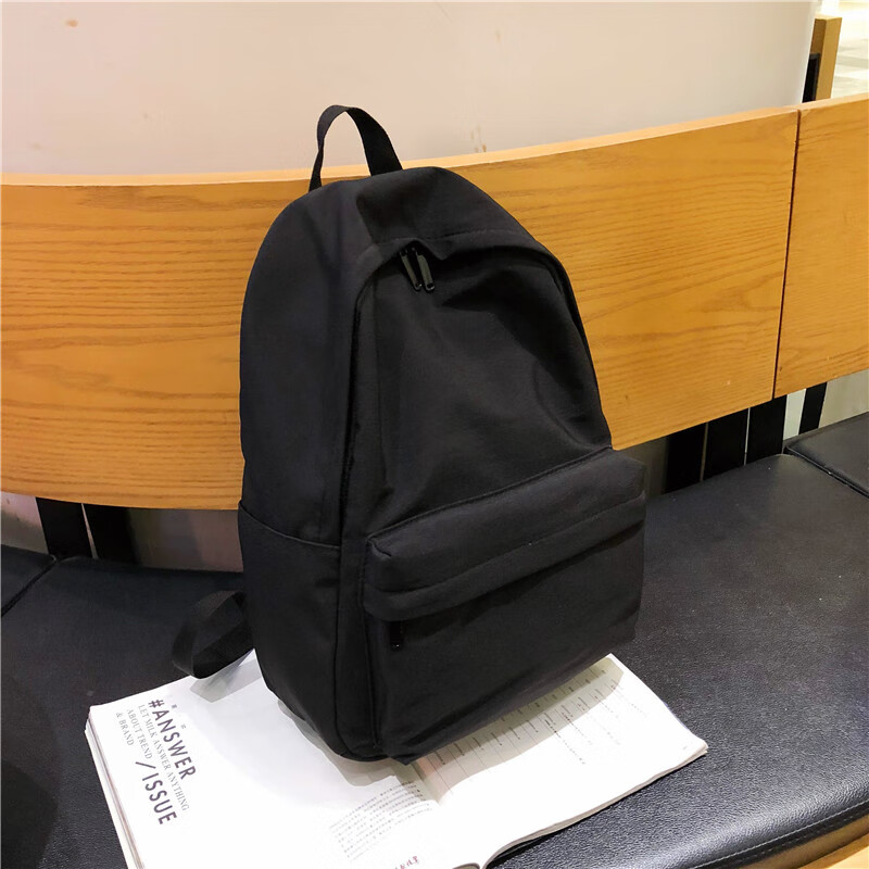 天胤日系书包轻度少女古着感纯色双肩包尼龙防水学生电脑包登山包背包 黑色_中号