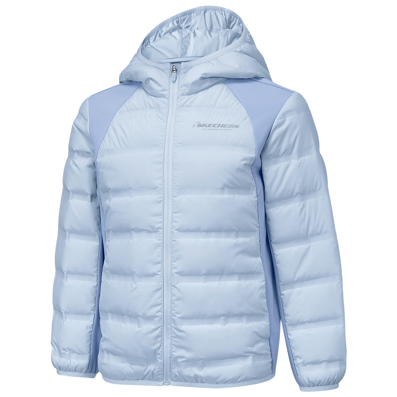 Skechers斯凯奇男女童梭织短款羽绒外套儿童防油防污连帽鸭绒外套P425K045 浅古旧蓝色/04B2 165 充绒量40g