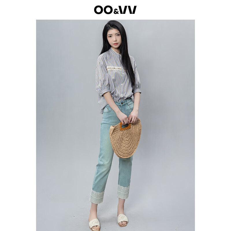 OO&VV复古港风高腰显瘦蕾丝拼接牛仔裤女2025夏新款直筒九分裤子 复古蓝 XL