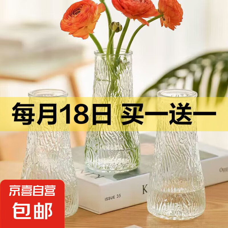 玻璃花瓶透明植物插花瓶水培容器大花瓶装饰客厅摆件 透明水波纹（17*5.5*8） 1个装