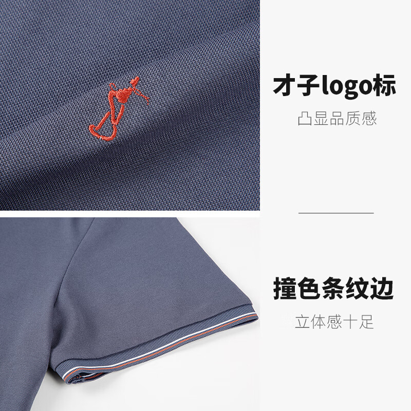 才子（TRIES）商务休闲POLO衫夏季短袖撞色条纹翻领T恤桑蚕丝柔顺透气时尚上衣 灰蓝色 L 48(170/88A)