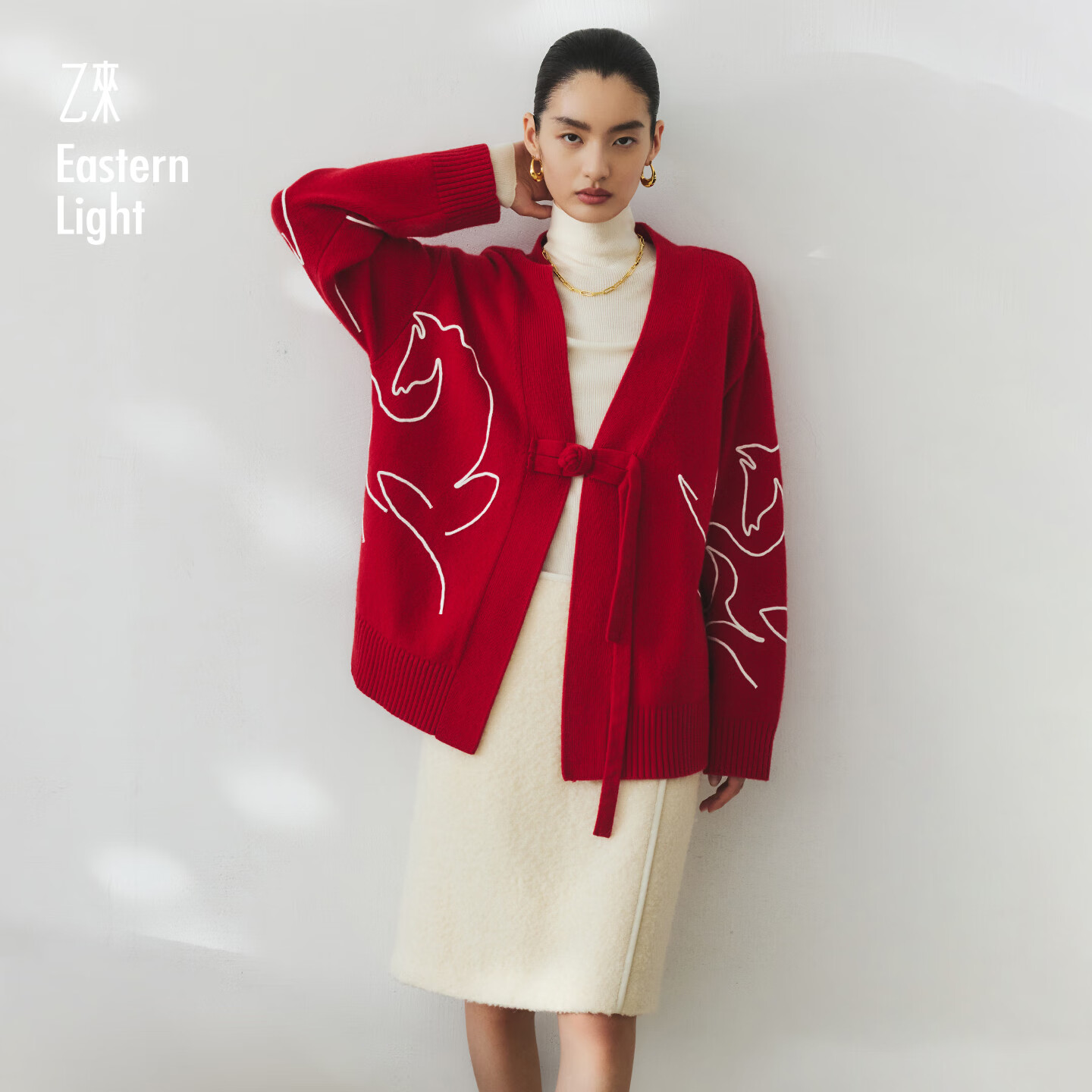 乙来（EASTERN LIGHT）【马年限定100%羊毛】开衫女装上衣显瘦薄外套秋冬本命骐骥红开衫 落日红 S