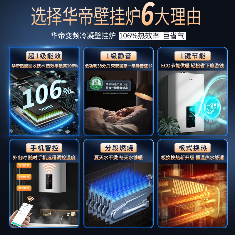 华帝冷凝壁挂炉天然气地暖热水两用一级能效106%热效率燃气壁挂炉采暖热水两用地暖热水器智玲珑致静 20KW -冷凝 超一级能效变频节能