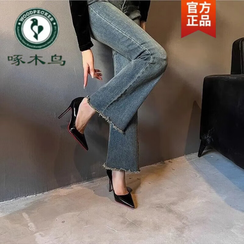 啄木鸟水钻红底高跟鞋女细跟2026新款绝美性感气质黑色漆皮尖头法式单鞋 黑色单鞋红底水钻 7cm 37 脚宽脚胖拍大一码