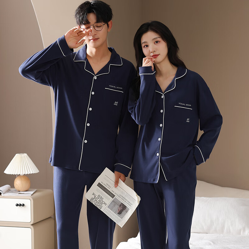 猫人男士睡衣男纯棉翻领开衫长袖睡衣男休闲可外家居服套装女 男款深蓝 2XL