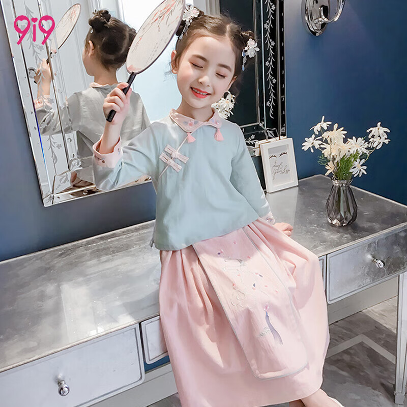 久爱久9i9 女童汉服儿童古装秋季古风裙子套装小学生国学服三字经朗诵中国风刺绣演出服 21B096淡雅绿140码怎么看?
