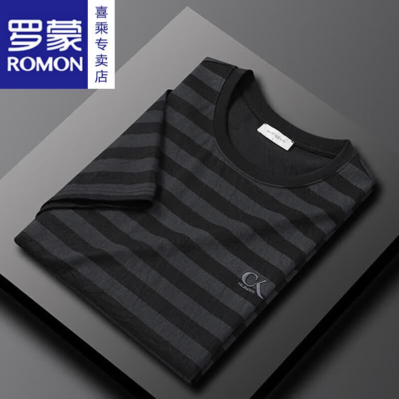 罗蒙(ROMON)仿棉麻潮流夏季透气薄款青年短袖T恤男2026条纹刺绣上衣新品 杏色 M