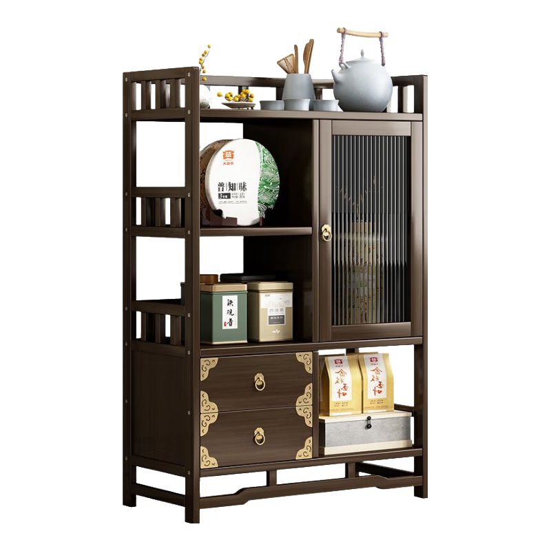 竹藝佳（ZHUYIJIA）茶水柜小茶臺新中式茶臺桌茶邊柜博古置物客廳收納茶葉罐儲物柜子 4層80 雙抽