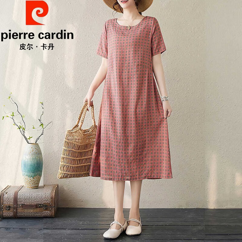 皮爾卡丹中年媽媽夏裝棉麻棉綢連衣裙女夏季新款洋氣大碼胖mm高端苧麻長裙 紅色 2XL 建議130-145斤
