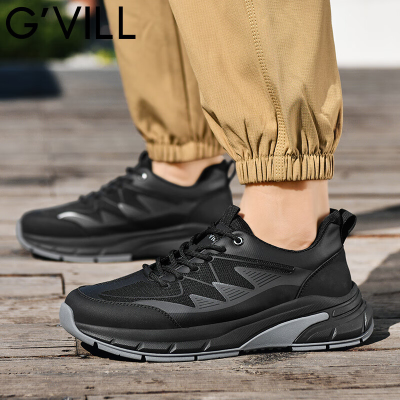 贵之步G'VILL鞋子复古时尚休闲鞋夏季新款男士运动鞋真皮百搭户外跑步鞋 黑色 （G901) 42 （皮鞋码）
