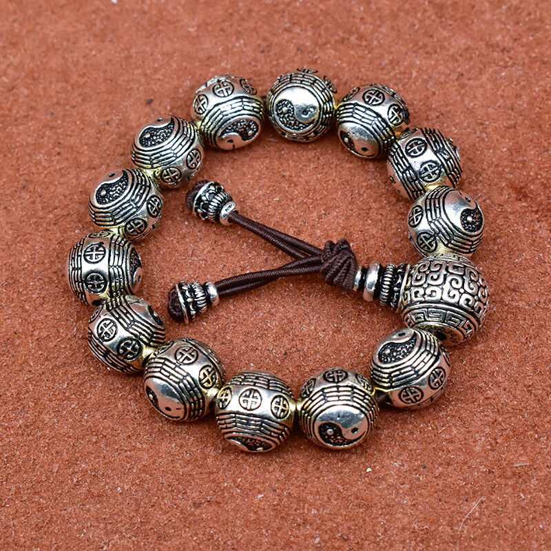 御希保真99纯银太极道家八卦祥云手链复古男女士款银饰珠子松紧款手串