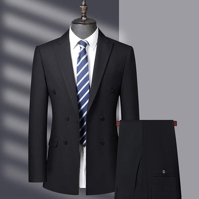報(bào)喜鳥報(bào)喜鳥西服套裝男雙開叉高端中年男士商務(wù)正裝西裝結(jié)婚禮服外套 黑色 XXS