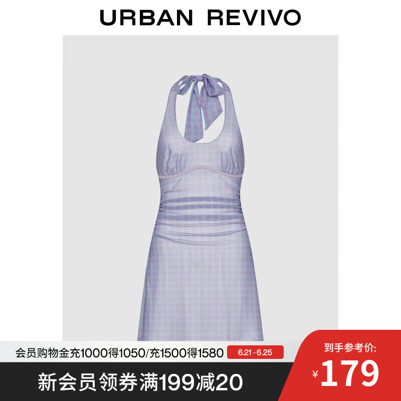 UR2025夏季新款女装休闲格纹挂脖系带露背连衣裙UIU750018 紫色格子 M