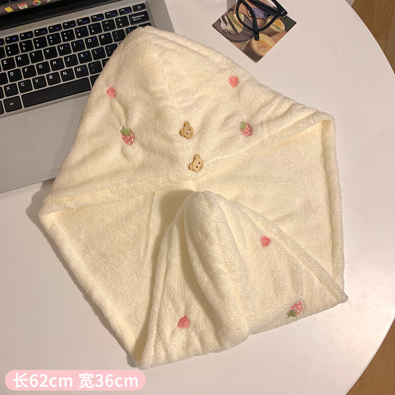 翰鸥斐干发帽女超强吸水加厚加大可爱刺绣草莓加厚干发帽女超强吸水速干 白色