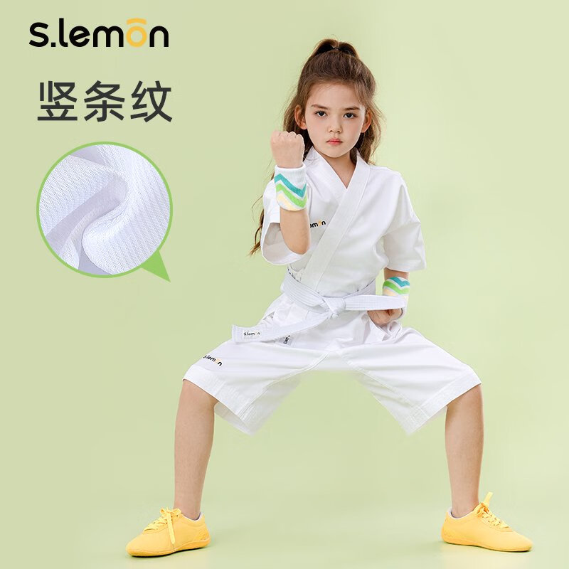 s.lemon兒童空手道服女童夏季短袖短褲練功服白色比賽訓練服男童道服 白色豎條紋款男女童 硬挺有型 XS