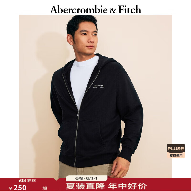 ABERCROMBIE & FITCH男裝女裝情侶裝25春新款毛圈布LOGO寬松連帽衛(wèi)衣外套KI122-5254 黑色 S (175/92A)