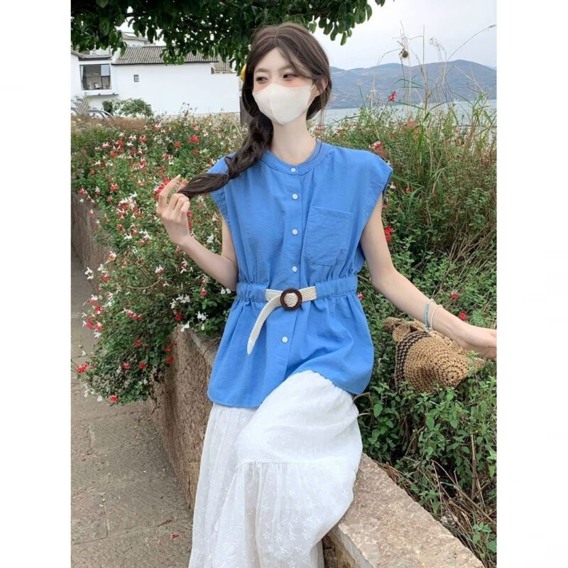 恒源祥小清新飞袖上衣女夏新款多巴胺穿搭套装法式独特漂亮掐腰短袖衬衫 黄色 S 80--95斤左右