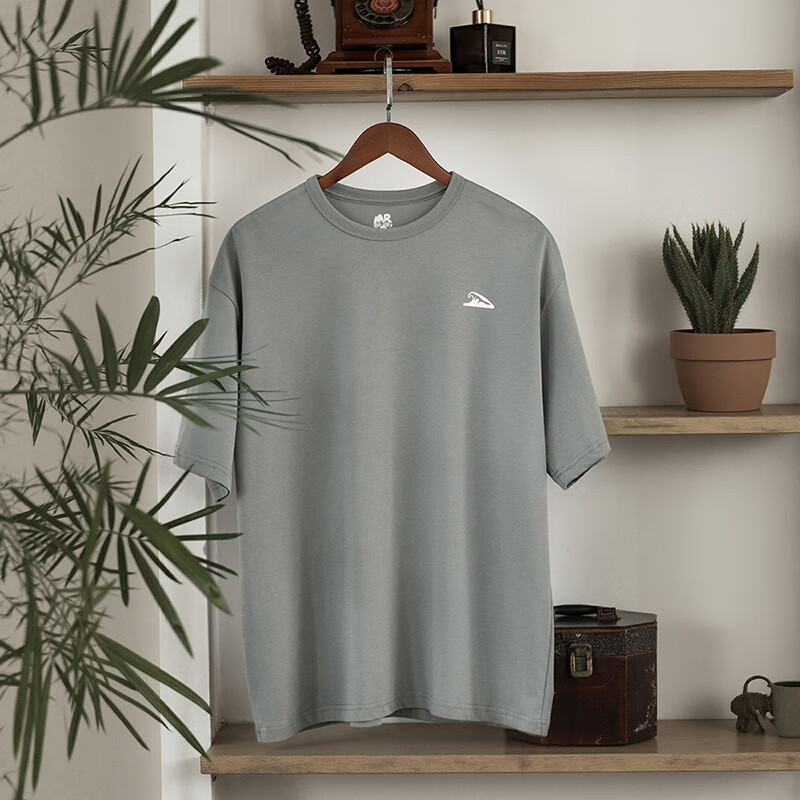 Mr.A美式海浪印花纯棉t恤2025新款宽松半袖纯色复古短袖男夏MRA男装 灰绿色 2XL