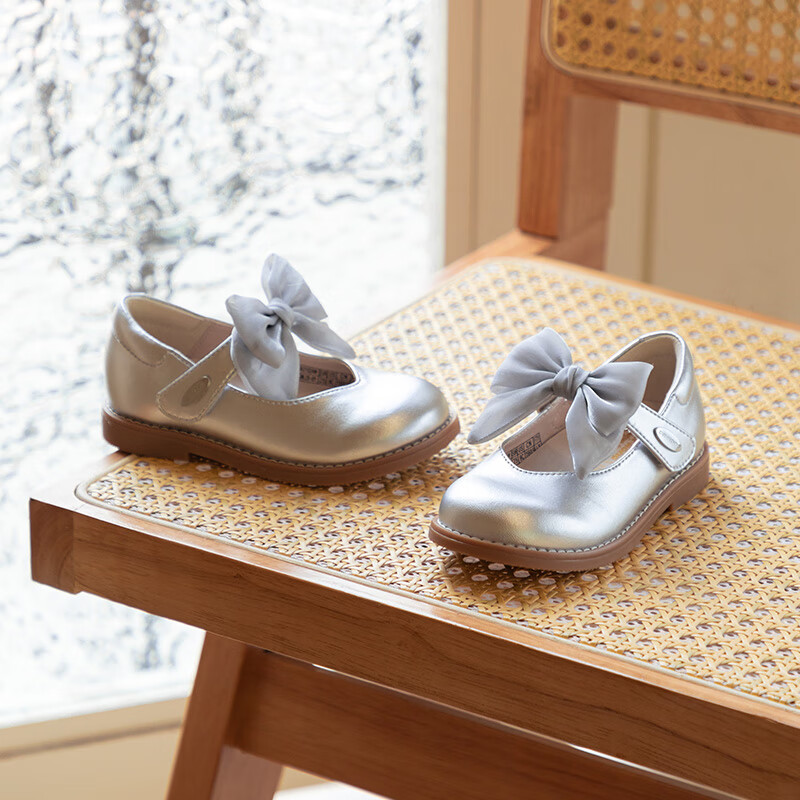 江博士秋季女童银色公主蝴蝶结礼仪鞋 校园演出表演儿童皮鞋 银色 23 脚长约13.8-14.6
