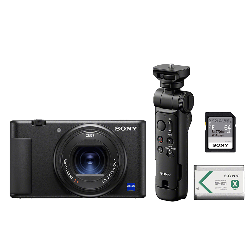 索尼（SONY）ZV-1 黑色数码相机+GP-VPT3蓝牙手柄+SF-E64A存储卡+ NP-BX1电池 约2010万有效像素 拍摄手柄套装
