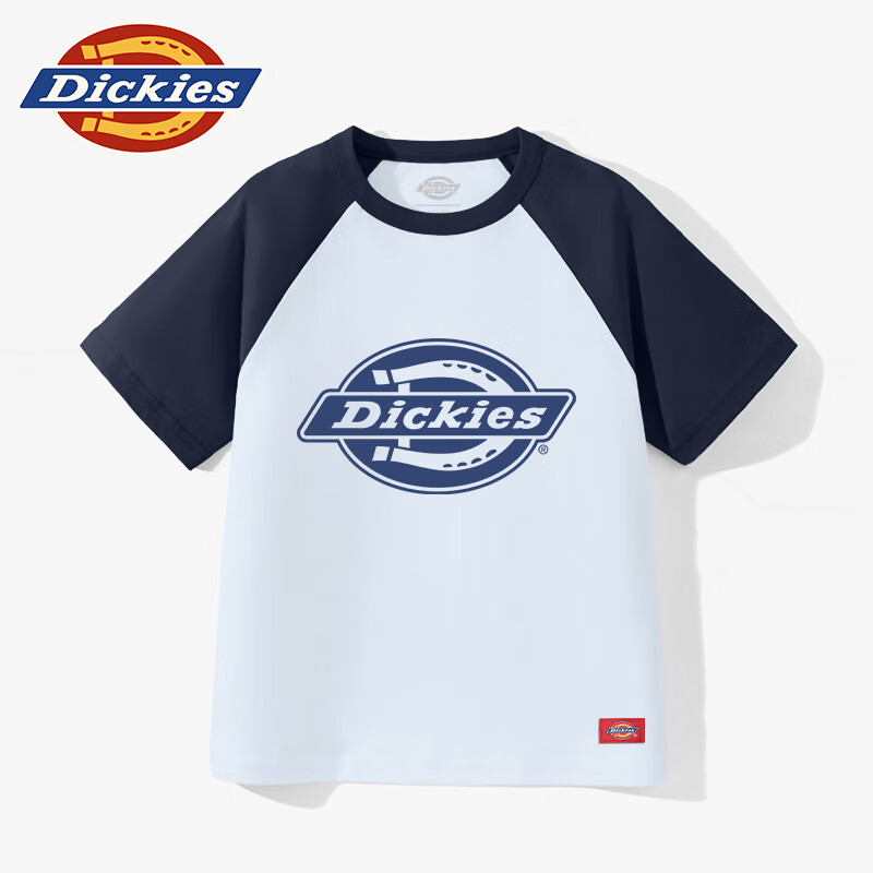DICKIESDickies童装男童短袖纯棉儿童夏季t恤2025新款上衣男孩撞色体恤潮 晴蓝/DK藏蓝小 110 110cm