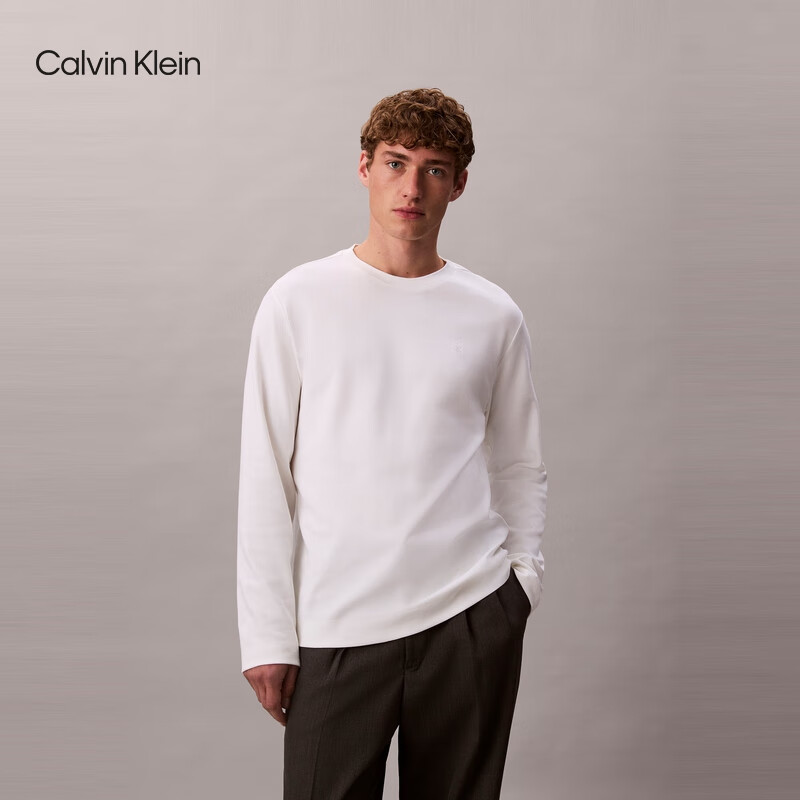Calvin KleinJeans25秋季新款男士休闲通勤ck刺绣纯棉圆领打底衫长袖上衣T恤 YAF-牛乳白 2XL