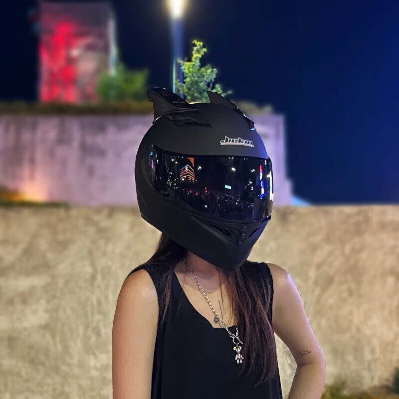 玖紋豹機(jī)車電動(dòng)摩托車頭盔3C認(rèn)證可內(nèi)置藍(lán)牙雙鏡男女個(gè)性全盔騎行安全盔 啞黑+犄角+茶鏡 M