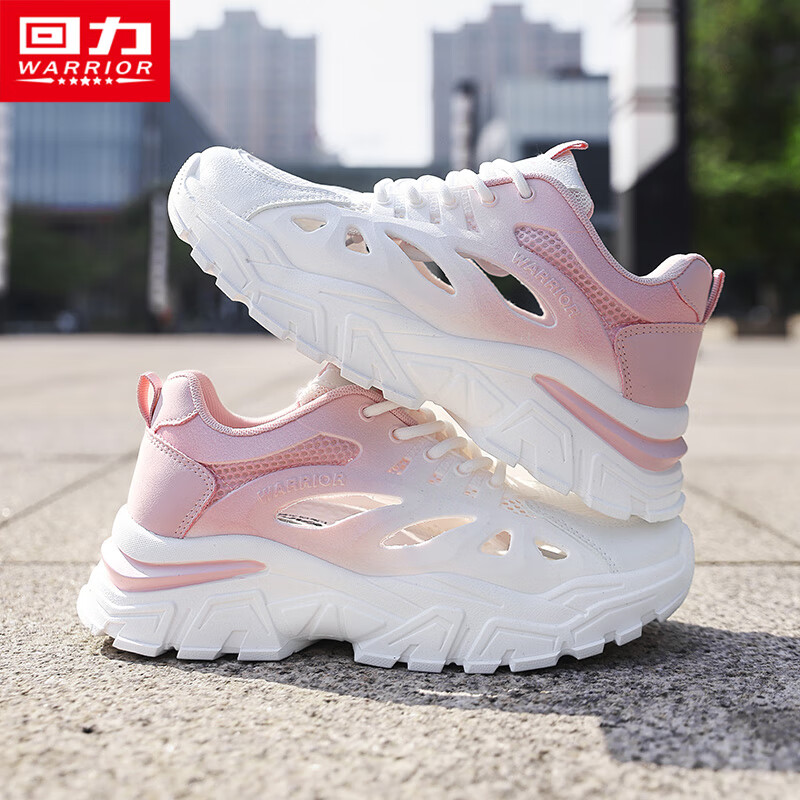 回力女鞋老爹鞋女夏季薄款网面镂空运动鞋女2026新款情侣百搭休闲鞋女 白粉红 37 (235mm)