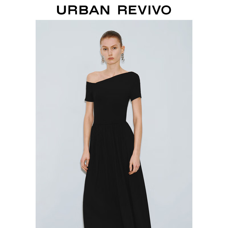 UR2025夏季新款女装气质斜肩领修身拼接连衣裙UWM750055 黑色 M