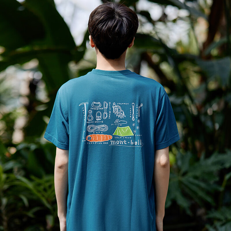 mont·bell 户外速干t恤男女通用春夏圆领休闲登山装备印花短袖 1114716 BGN蓝绿色 L