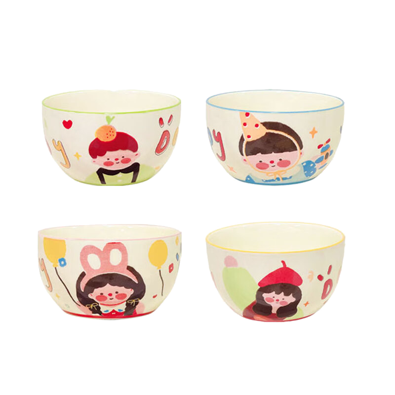 【摩登主婦同源】一家四口米飯碗親子陶瓷餐具家用可愛卡通 紅發(fā)男孩+紅帽女孩