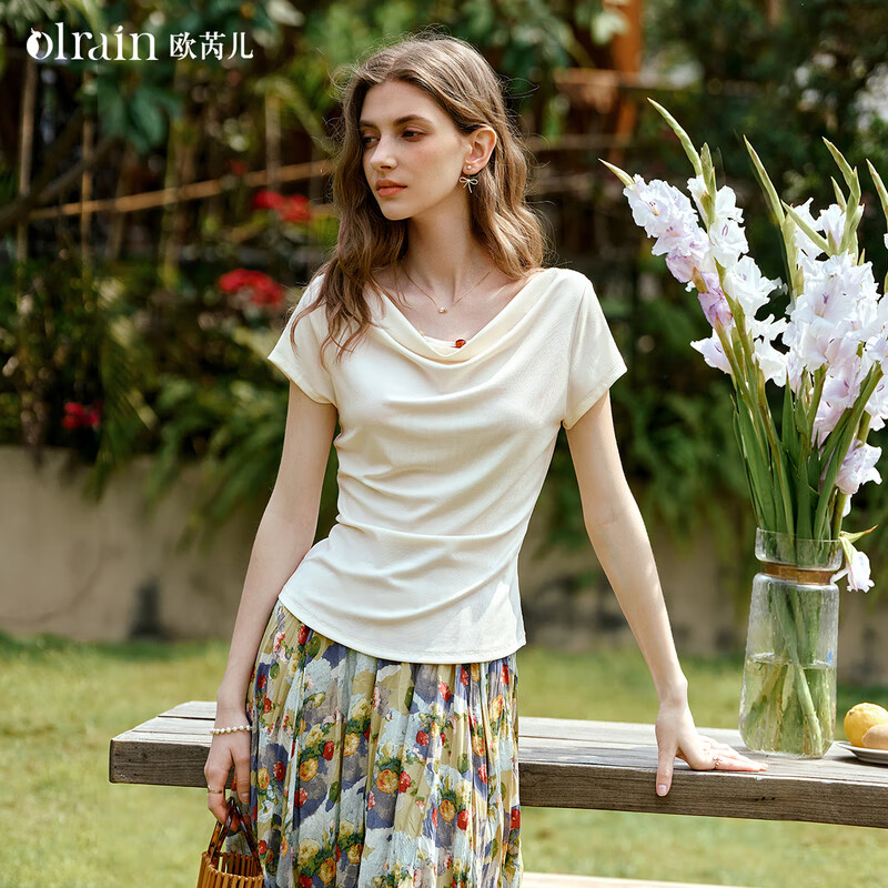 Olrain【5折】法式慵懒荡领显瘦短袖T恤女夏季新款短袖上衣 杏色 M