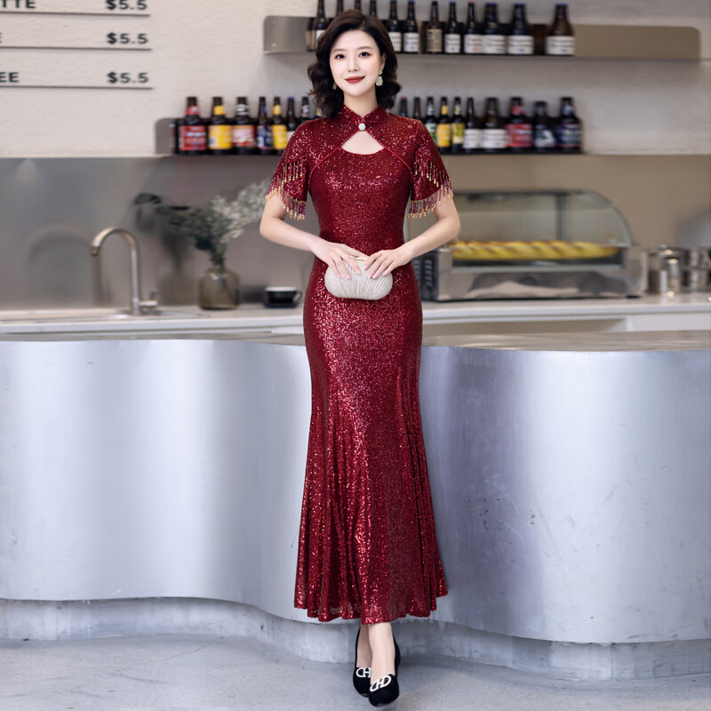 卡悠萊旗袍2025喜婆婆婚宴裝新款年輕婚禮晚禮服裙高貴魚尾亮片 酒紅色AB2577 3XL 均碼