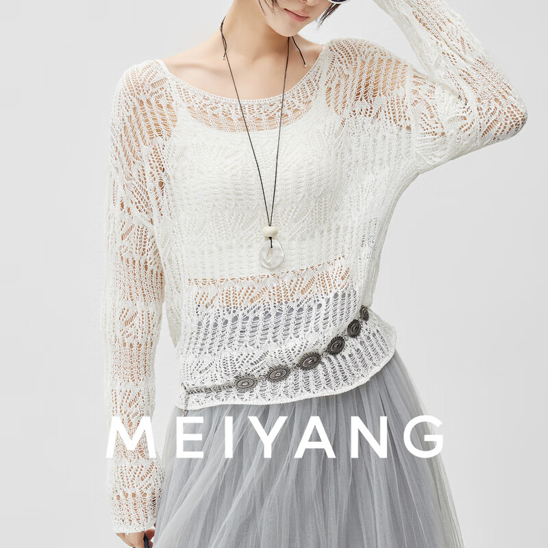 美洋（MEIYANG）涟漪针织衫 度假织女风精梳棉一字领镂空罩衫 米白色 M