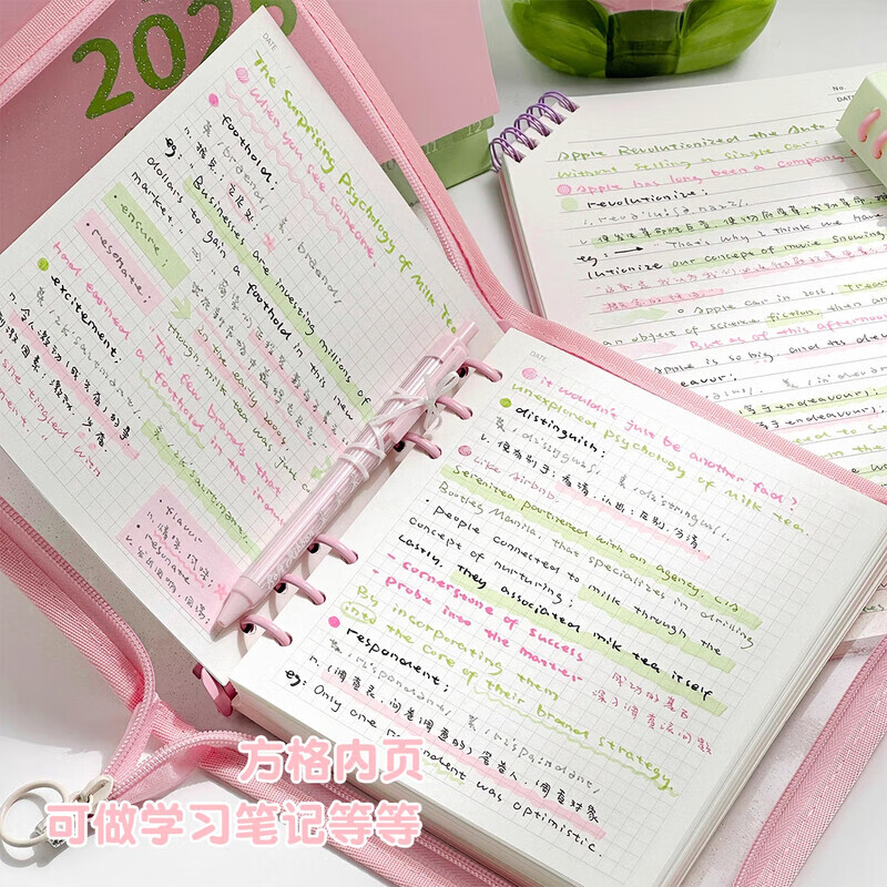 三年二班luckyday拉链本方形笔记本本子活页本内芯可换可拆卸方格纸简约女生手帐本子日记本高颜值记事本 芭乐