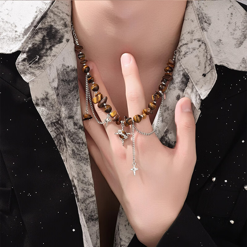 TULM不規(guī)則虎眼石項鏈男吊墜復古百搭鎖骨鏈鈦鋼小眾高級感痞帥項墜女 L2628孤星虎眼石項鏈