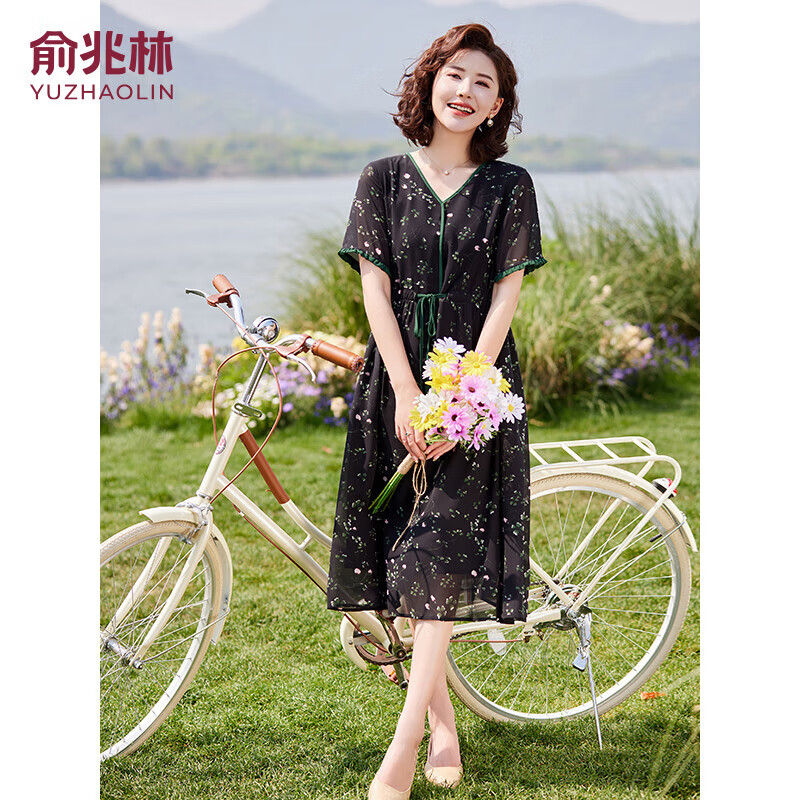 俞兆林中老年女装妈妈雪纺连衣裙夏装婆婆裙子阔太太衣服 Y52Q220