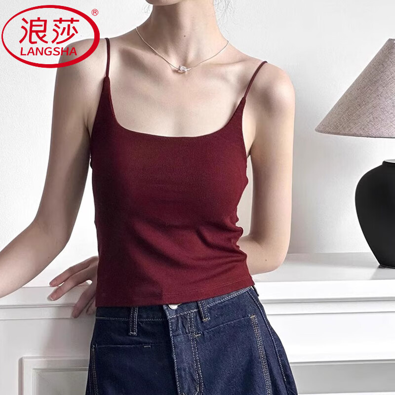 浪莎（LangSha）紅色吊帶背心女帶胸墊夏季外穿美背文胸一體遮副乳內(nèi)搭打底抹胸衣 安可拉紅【版】 S