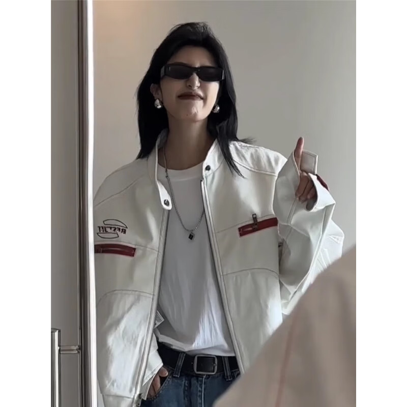 POUM男装美式高街PU皮衣机车外套男女春秋冬款宽松短款刺绣潮牌夹克 YRFS-W195白色 XL 【身高175-180体重60-70】