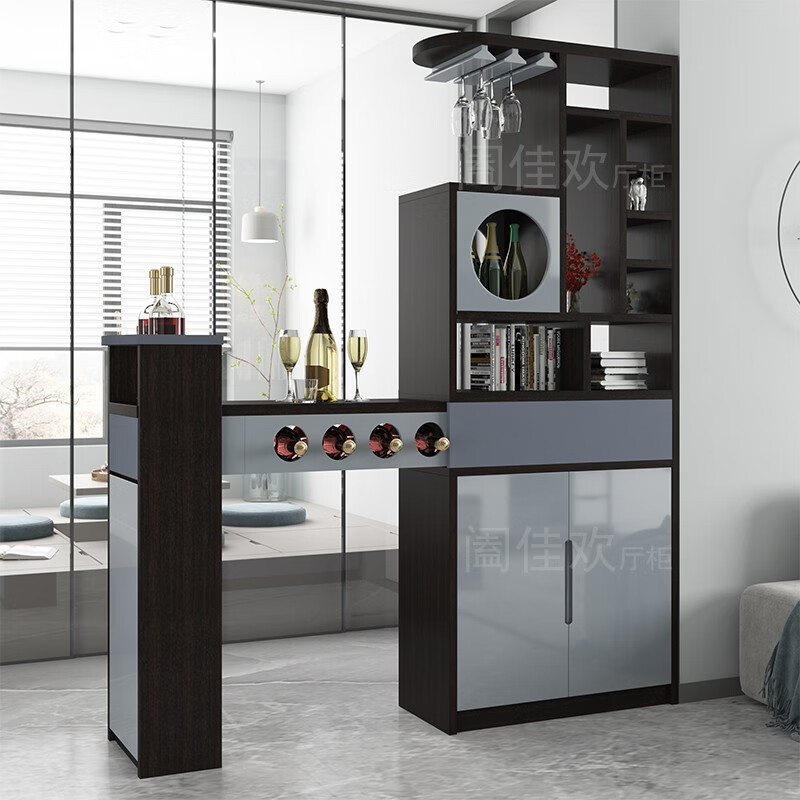 隔断柜现代简约靠墙多功能伸缩酒柜吧台桌储物柜一体 烟熏木色配灰色