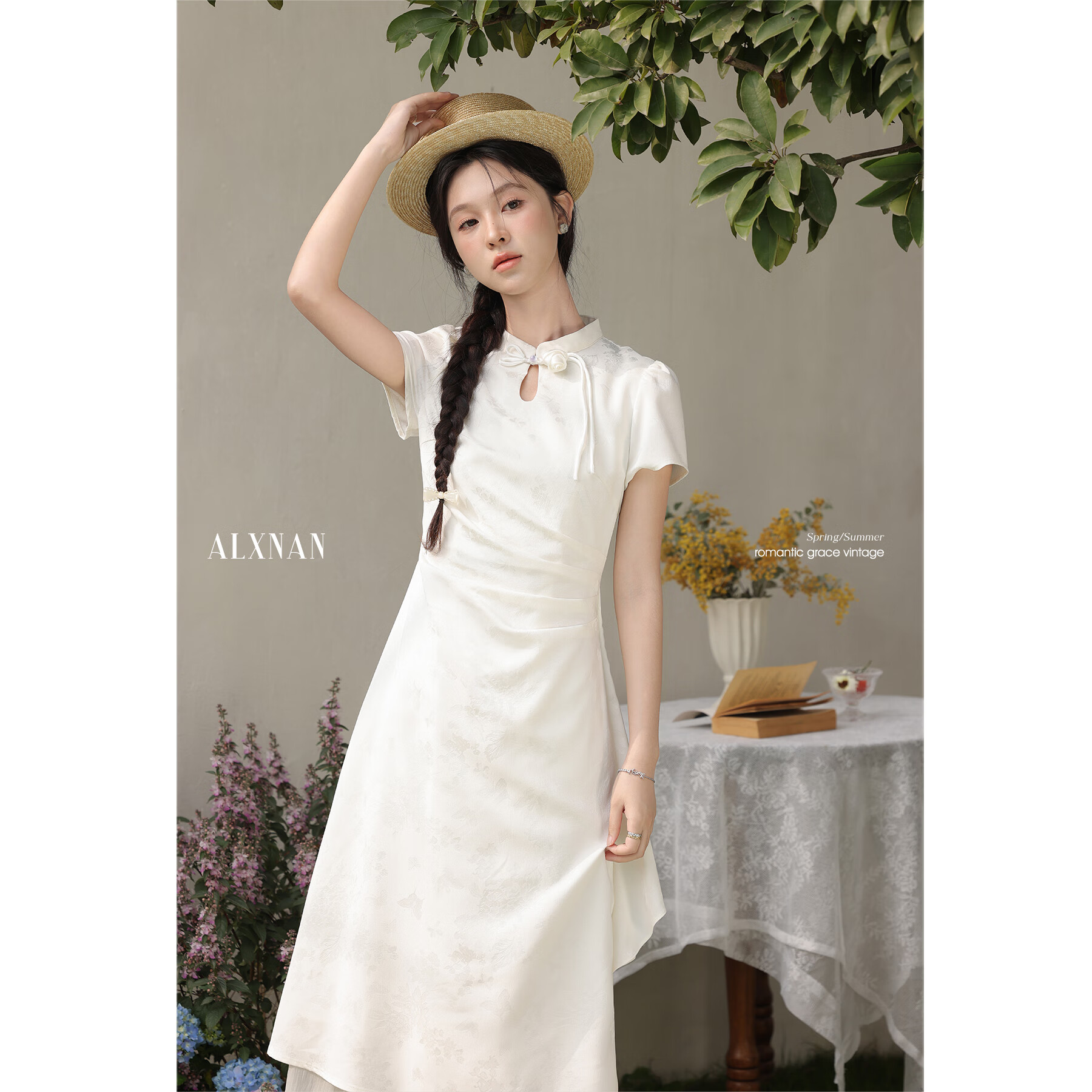 鹿向南柔光蝶影新中式国风杏色短袖旗袍连衣裙女夏气质长裙 杏色  假两件/第一批 S 均码