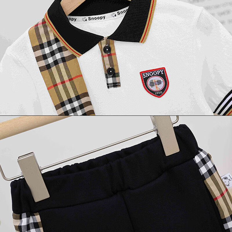 史努比儿童拼格子套装童装男童洋气2026夏季翻领休闲运动中小童时尚套装 格子短袖套装 90 【建议20-24斤】